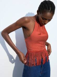 Maija 女士性感纯色流苏下摆露背吊带上衣，夏季，度假 - 橘色 - 查看 4