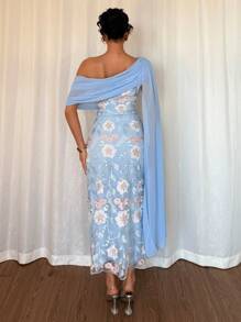 Chiquease 优雅时尚迷人不对称肩部收腰刺绣网眼透明飘逸中长连衣裙，春夏，蓝色 - 藍色 - 查看 2