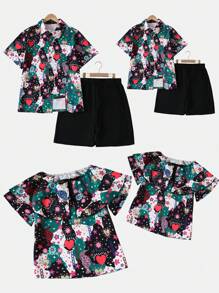 Tween Boys Casual Street Graphic Print Short Sleeve Polo Shirt And Shorts Set, Asymmetrical Heart And Flower Pattern Design, Fashion Vintage Style, Suitable For Family Gathering, Outings And Leisure, Spring/Summer, Matching Parent-Child Sets - Multicolor - View 3