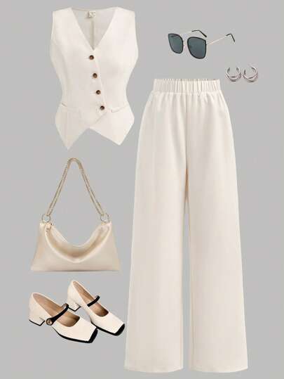 Girlism 少女米色休闲梭织纯色无袖夏季纽扣不对称上衣搭配休闲铅笔裤两件套，返校季，法式优雅，时尚通勤装。