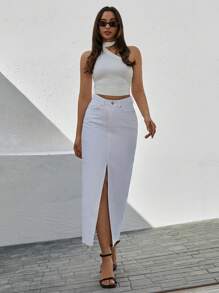 Letter Patched Split Thigh Denim Skirt