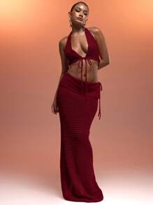 MUSERA Crochet Halter Neck Fitted Deep Plunge Tie Front Cropped Top Summer Holiday Sexy Ibiza Fits Spring Vacation Beach Night Out Fall Autumn Winter Date Night  Chic - Burgundy - View 5