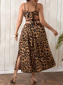 Breezaya Plus Size Women's Leopard Print Spaghetti Strap Hollow-Out Waist Slit Dress, Vacation Beach Outfit