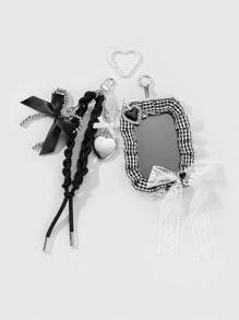 ROMWE Kawaii 1pc Y2K Retro Gothic Fashion Handcrafted Beaded Silver CCB Dripping Oil Heart Lace Bow Plaid Lanyard ID Card Holder DIY Keychain Bag Pendant, Suitable For Office Workers, Students, Daily Wear And Gifts