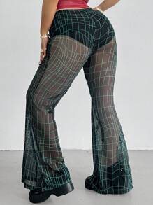 POPSWAY 大码女式休闲性感透明亮光格子喇叭裤 - 黑色 - 查看 2