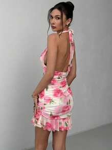 Aloruh Women's Vacation Floral Print Plunge Ruched Halter Neck Mini Dress - Baby Pink - View 6