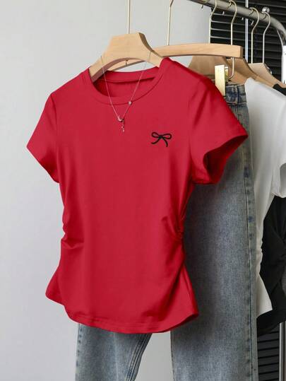 Teen Girl Casual Versatile Simple Bowknot Printed Fitted Short Sleeve T-Shirt