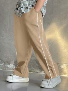 SHEIN Leap Crew 2 件套年轻男孩休闲运动套装 - 带抽绳装饰的运动裤，柔软舒适，适合日常穿着、上学、郊游、运动，适合春季、夏季、秋季、冬季