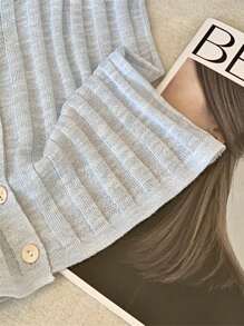 SHEIN 大码女式休闲罗纹前开短袖针织开衫 - 淺藍色 - 查看 6