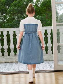 Tween Girls' Collar Ruffled Sleeves Casual Patchwork Denim Dress - Medium Wash - View 2