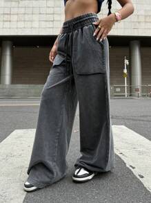 SHEIN Muchic 女士休闲水洗抽绳腰阔腿裤 - 黑色 - 查看 6