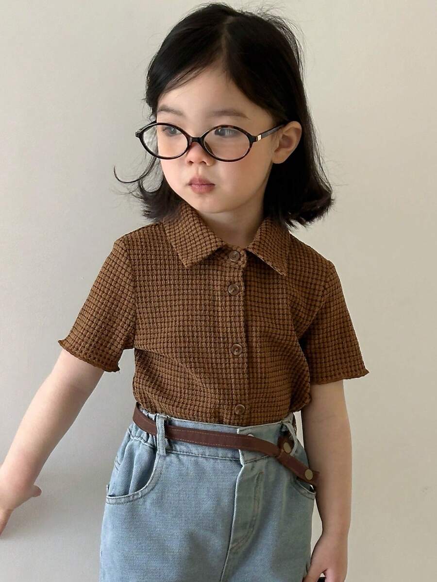 Dazy Kids 少女领针织短袖 T 恤，夏季 - 棕色 - 查看 1