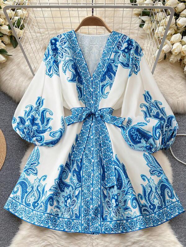 DreamSkyne Court Retro  Plus Size V-Neck Tie Waist Delicate Print Lantern Sleeve Dress