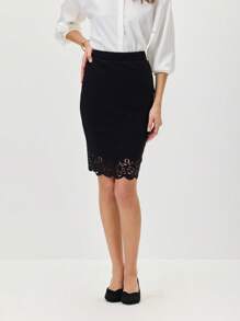 Miaspire Laser Cut Scallop Trim Bodycon Skirt - Black - View 4