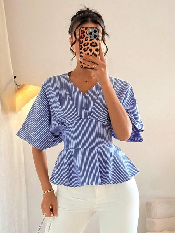 Islaluna Fashionable Elegant V-Neck Ruffle Hem Striped Fitted Short Sleeve Blouse