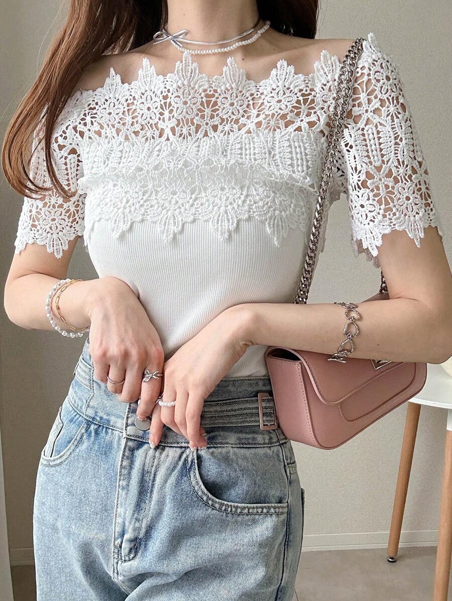 FRIFUL Áo thun nữ tay ngắn, Áo khoác ngoài hở vai thường ngày mùa hè cho nữ - trắng - Xem 1