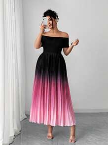 Elenzga Plus Size Women's New Design Sexy Romantic Hot Selling Off Shoulder Elastic Waist Casual Versatile Ombre Color Digital Print Pleated Slimming Elegant Dress, Spring/Summer - Multicolor - View 5