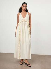 Maija Women's Elegant Solid Color Ruffle Strap Long Dress, Summer - Apricot - View 4