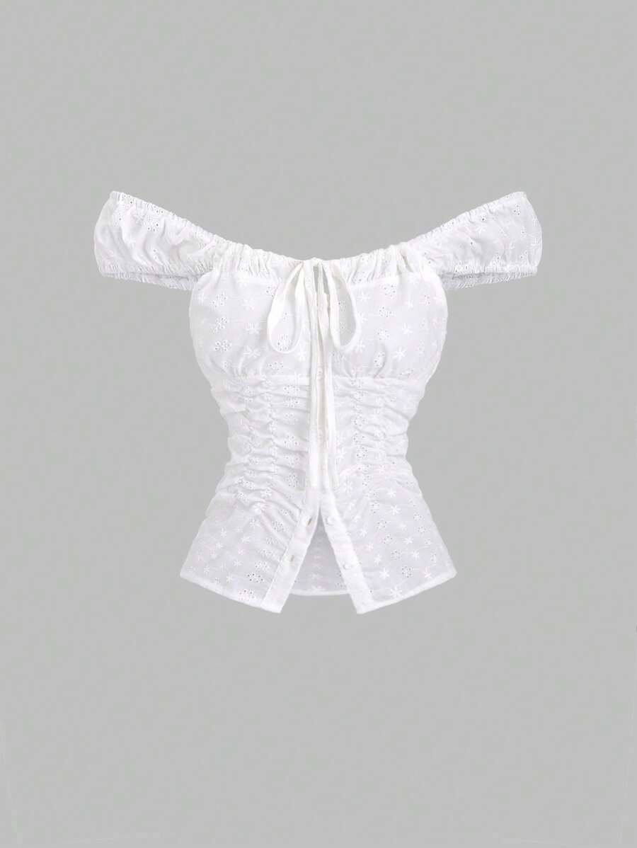 Sweetra Áo cánh hở vai Jacquard phong cách Pháp mùa xuân/hè cho nữ - trắng - Xem 1