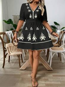 SHEIN Holidaya Elegante vestito con scollo a V, maniche a palloncino e stampa floreale