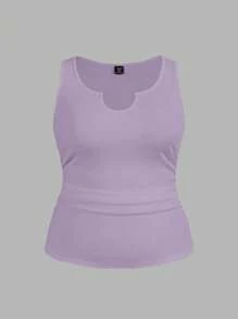 Slaydiva Áo tank top nữ cỡ lớn, kiểu dáng đơn giản, cơ bản, thể thao, ôm sát, màu trắng trơn, cổ chữ V, eo nhún, chất liệu vải gân nổi, thích hợp cho mùa xuân/hè. - Màu tím - Xem 5