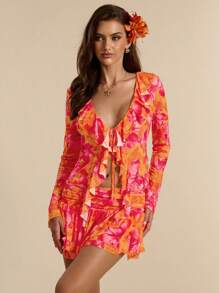 SHEIN BAE 2pcs Women Vacation Set: Solid Color/Tie-Dye Print Sheer Mesh Ruffle Crop Top & Low Waist Ruffle Hem Super Short Skirt, Resort Beach Outfit, Summer