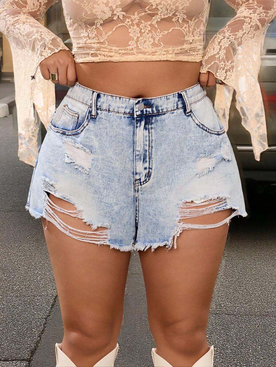 SHEIN ICON High Waist Loose Ripped Snowflake Print Denim Shorts - Blue - View 1