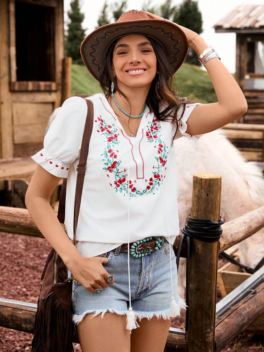 LanaWest Áo cánh ngắn tay bồng cổ chữ V in hoa dành cho nữ đi nghỉ - trắng - Xem 1