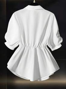 Franclia 女士纯色褶皱 Polo 领短袖收腰雪纺百搭白色衬衫，适合夏季 - 白色 - 查看 2