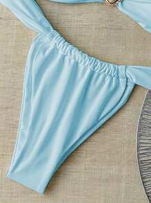 Swim Chiccia Women's Summer Solid Color Bandeau Metal Decor & Thong Bikini Set, Sexy - Blue - View 4