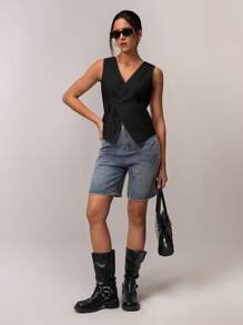 SHEIN Forever 21 Parte superior tipo camiseta de tirantes informal con nudo delantero de unicolor para mujer, para el verano
