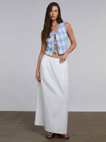 Athîral Blusa sin mangas con estampado de rombos y amarre delantero para mujer - Azul - Ver 3