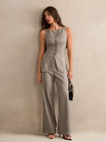 SHEIN Tall 办公室仙女风女装春夏通勤新款假口袋装饰船领卡其色西装马甲开襟西装外套西装裤两件套适合夏季约会商务休闲女夏套装 - 卡其色 - 查看 1
