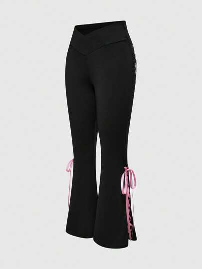 Pantalon évasé taille basse avec ailes croisées magenta, streetwear Y2K