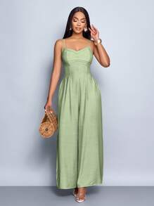SOLERSUN 女式垂坠前垂领系带露背阔腿吊带连体裤，适合日常穿着和度假 - 綠色 - 查看 3