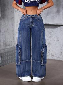 SHEIN ICON 女式宽松阔腿休闲百搭牛仔裤，带口袋 - 藍色 - 查看 4