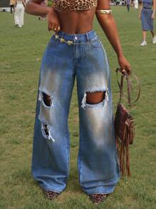 Slaydiva Women's Pockets Distressed Wide Leg Loose Casual Versatile Jeans - Blue - View 5