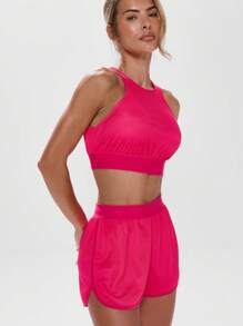 Musera Sport Áo croptop không tay cổ tròn bằng vải lưới, thích hợp cho hoạt động thể thao, tập luyện, tập gym, padel, tennis, pickleball, thể dục. - Màu Hồng Tươi - Xem 2