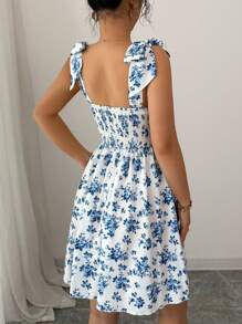 Elenzga Nuovo abito elegante e casual per l'estate e le vacanze, a fiori piccoli, con lacci sulle spalle, vita incintata, linea a ruota, slim e modellante