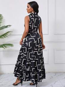 Lyxana Vestido cruzado con volantes escalonados y estampado geométrico sin mangas, elegante para damas