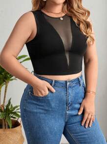 SHEIN Privé Áo hai dây Plus Size Tương phản Mesh cắt màu trơn Gợi cảm - màu đen - Xem 3
