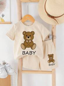 SHEIN Leap Crew 2 pièces Ensemble T-shirt à manches courtes col rond et short en coton motif ours de dessin animé pour bébé garçon, adapté pour l'été - Multicolore - Voir 2