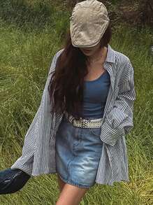 DAZY Blusa casual y versátil de mujer con mangas raglán largas y holgadas a rayas - Azul Marino - Ver 9