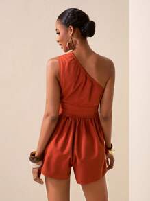 Zivah 2025 春夏新品,音乐节,复活节,圣帕特里克节,西方风格,游牧风格,生日派对,毕业季,学院风,学生日常穿着,百搭百搭,休闲,度假,巡游,海滩,日光浴,设计,街头风格,优雅绿色纹理面料吊带褶腰阔腿短裤连体裤 - B - 鏽棕色 - 查看 2