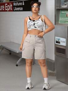 SHEIN ICON 大码纯色简约日常短裤，适合夏季 - 卡其色 - 查看 6