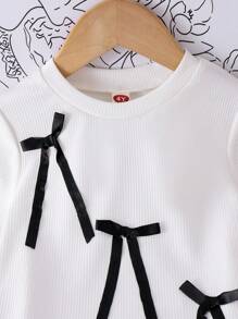 SHEIN 2pcs/Set Young Girl Cute White Vertical Striped Crew Neck Bowknot Decor Short Sleeve Top & Black Mesh Skirt, Preppy Style, Spring/Summer