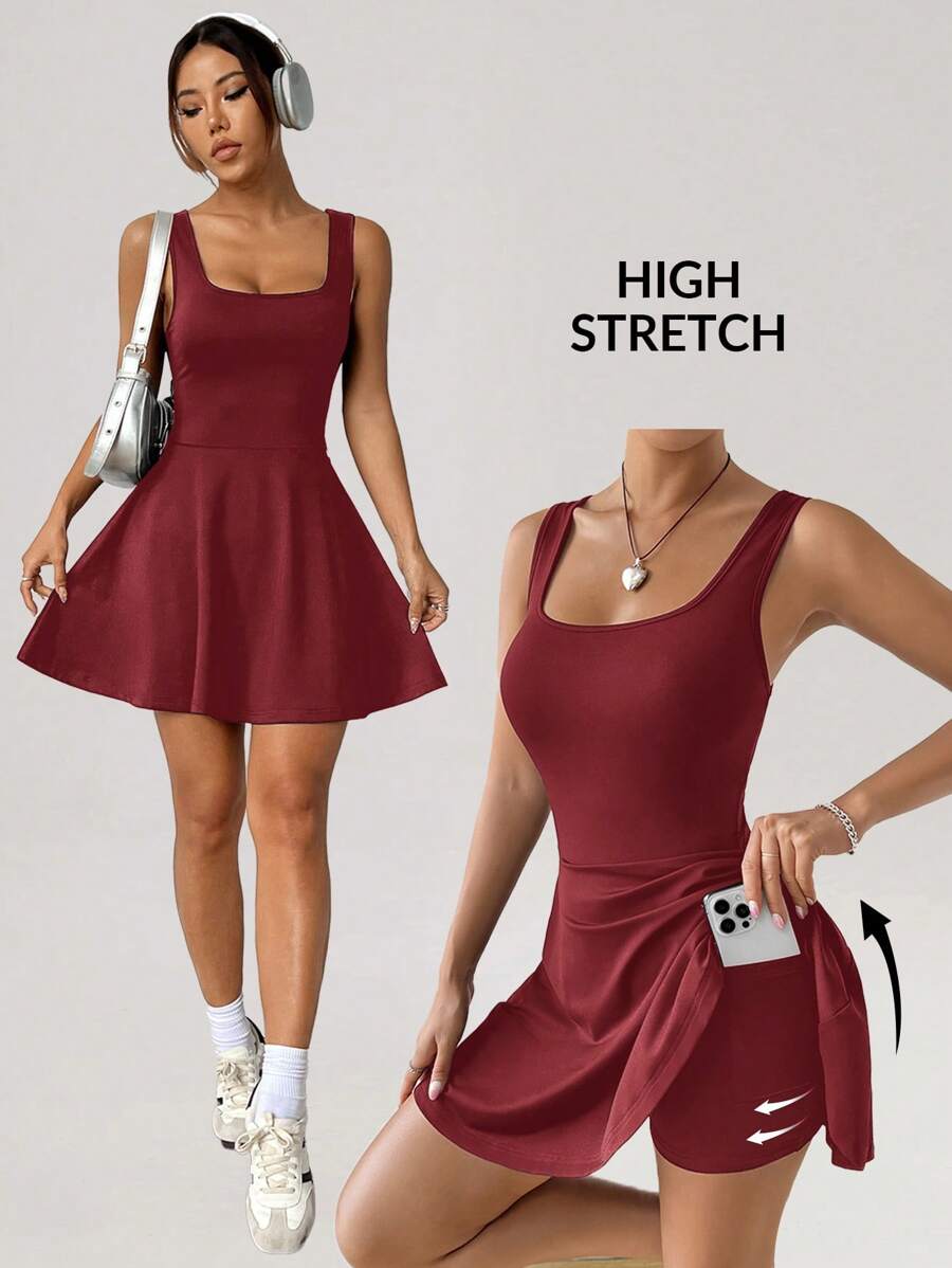 SHEIN EZwear Encore 红色针织无袖紧身连衣裤 - 酒紅色 - 查看 1