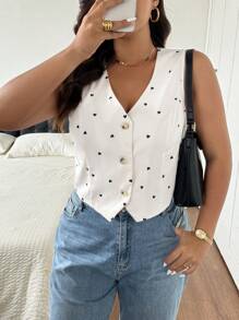 SHEIN Frenchy 法式女式无袖休闲衬衫，简约时尚日常穿着，春夏季，心形图案印花，情人节，浪漫优雅，无袖上衣 - 杏色 - 查看 1