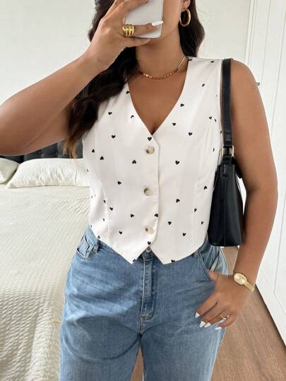 SHEIN Frenchy Camisa casual sin mangas para mujer estilo francés, moda minimalista para uso diario, primavera/verano, estampado con patrón de corazón, Día de San Valentín, romántica y elegante, top sin mangas