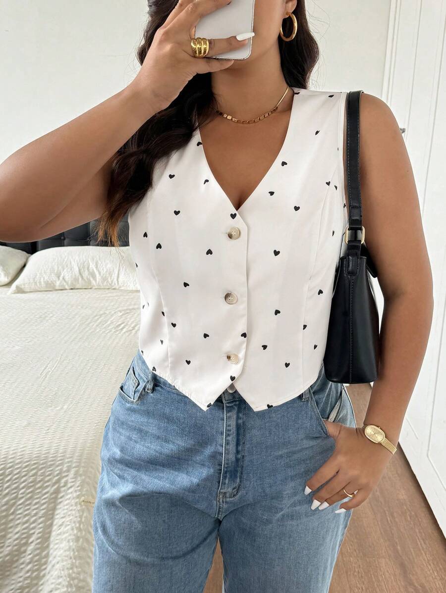 SHEIN Frenchy 法式女式无袖休闲衬衫，简约时尚日常穿着，春夏季，心形图案印花，情人节，浪漫优雅，无袖上衣 - 杏色 - 查看 1